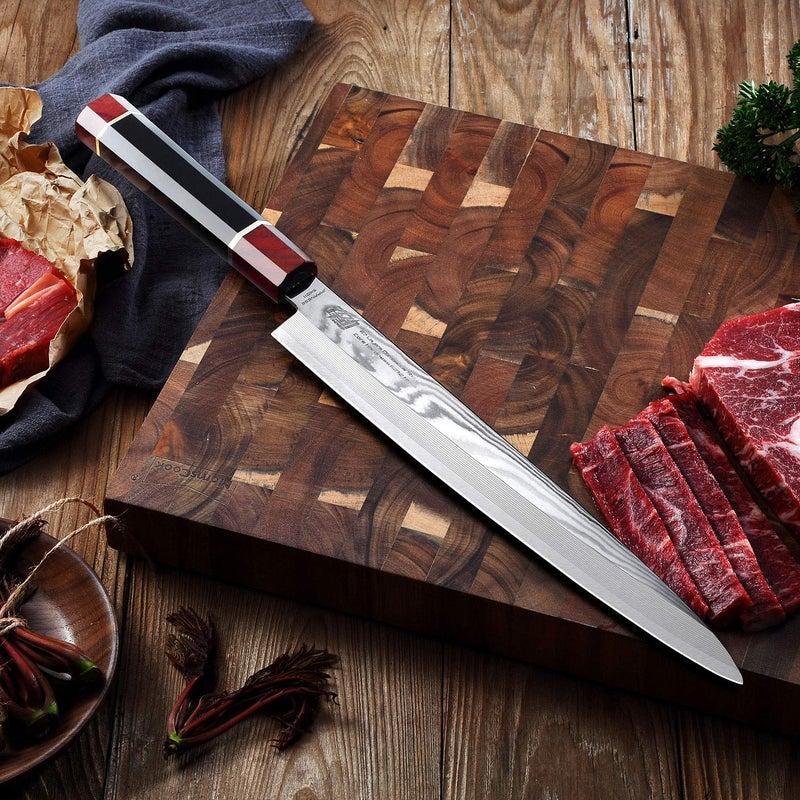 FINDKING Prestige Series Yanagiba Knife with Walnut Cover, Japanese SKD11 Damascus Steel Blade, Ebony Wood Octagonal Handle, Professional Sashimi Sushi Fish Knife (10.5 Inches, with Wooden Gift Box) - Image 4